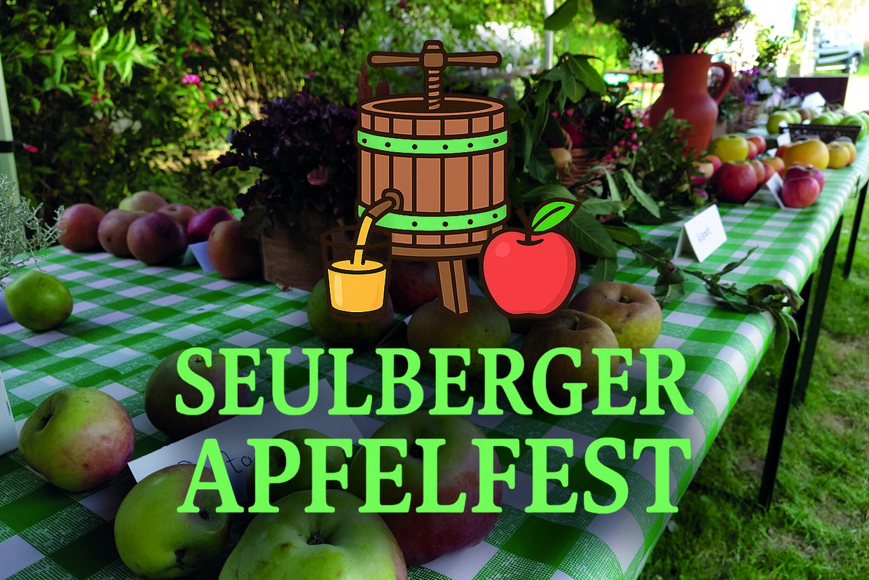 Logo Seulberger Apfelfest mit einem Tisch voller Äpfel