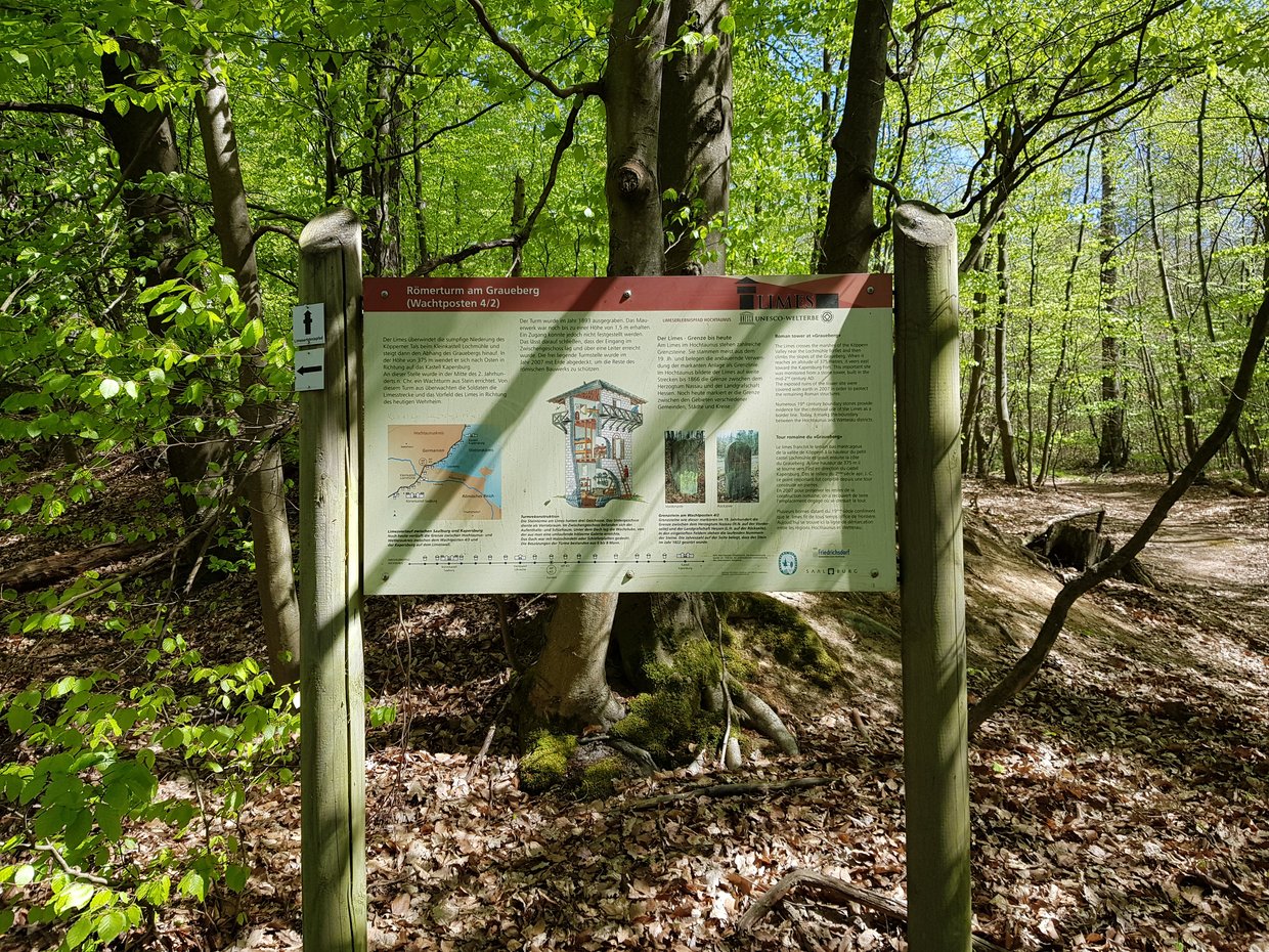 Auf der Darstellung ist eine Informationstafel zum Limeserlebnispfad zu sehen.