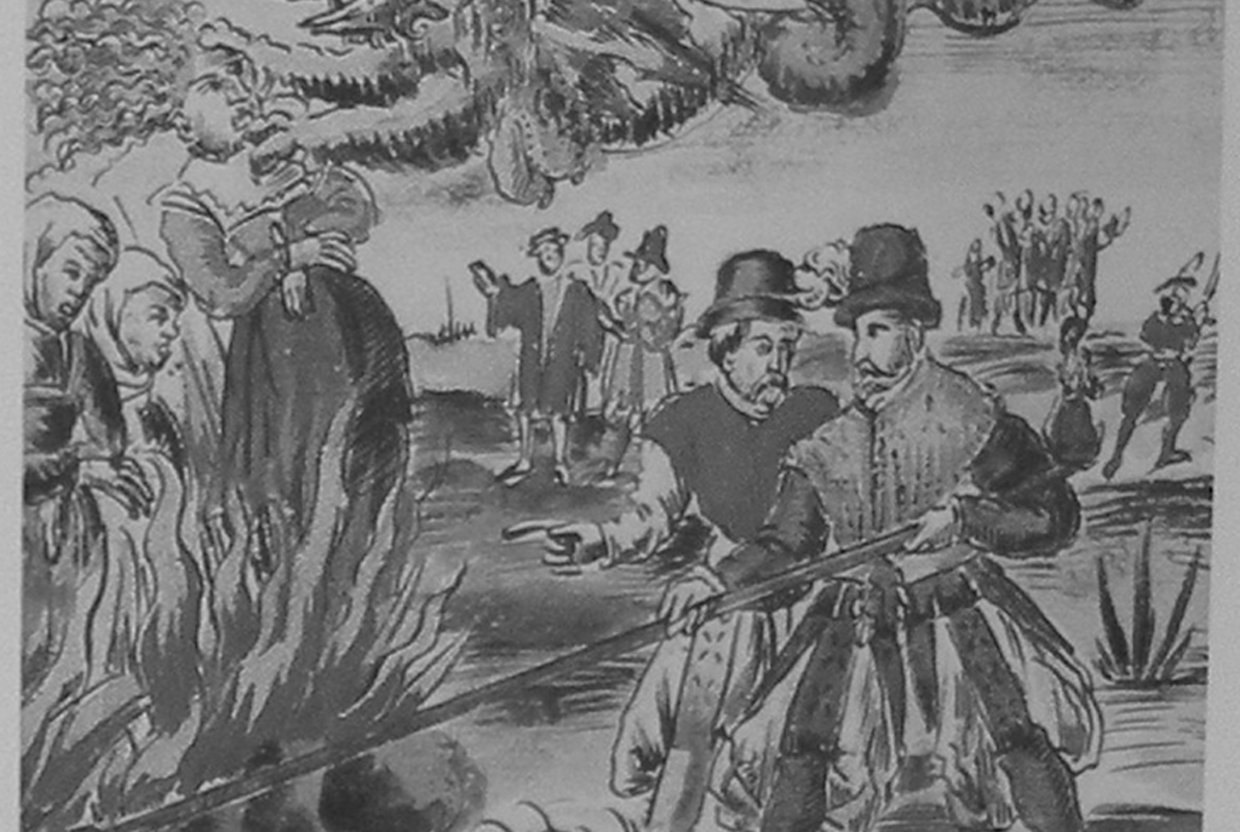 Gemalte Szene einer Hexenverbrennung.