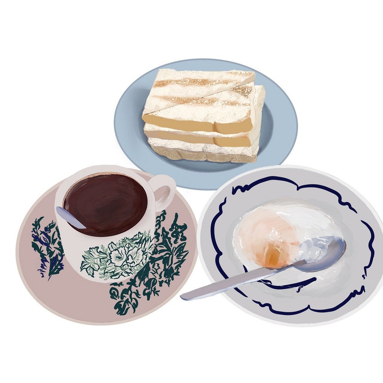 Symbolbild Frühstück Gedeck mit drei Tellern mit Kaffee, Toast und Ei