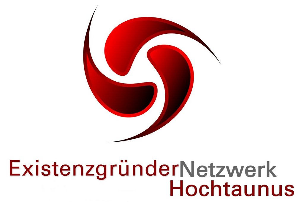 Logo Existenzgründernetzwerk Hochtaunus Abgebildet ist eine dynamische abstrakte Form, worunter der Text „Existenzgründernetzwerk Hochtaunus“ Bad Homburg Friedrichsdorf Oberursel platziert ist.