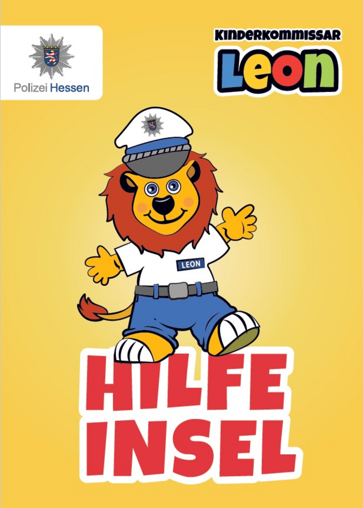 Zu sehen ist ein Comic-Löwe in Polizeiuniform, Kinderkommissar Leon.