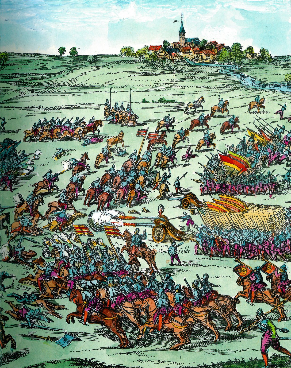 Zeichnung einer Schlacht Das Bild zeigt die Zeichnung einer historischen Schlacht vor den Türen der Stadt