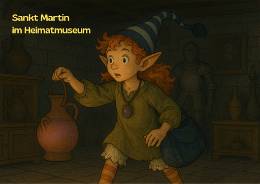 Sulinchen, das Koboldmädchen aus dem Heimatmuseum, hält eine Laterne in Form eines Tonkruges in der Hand.
