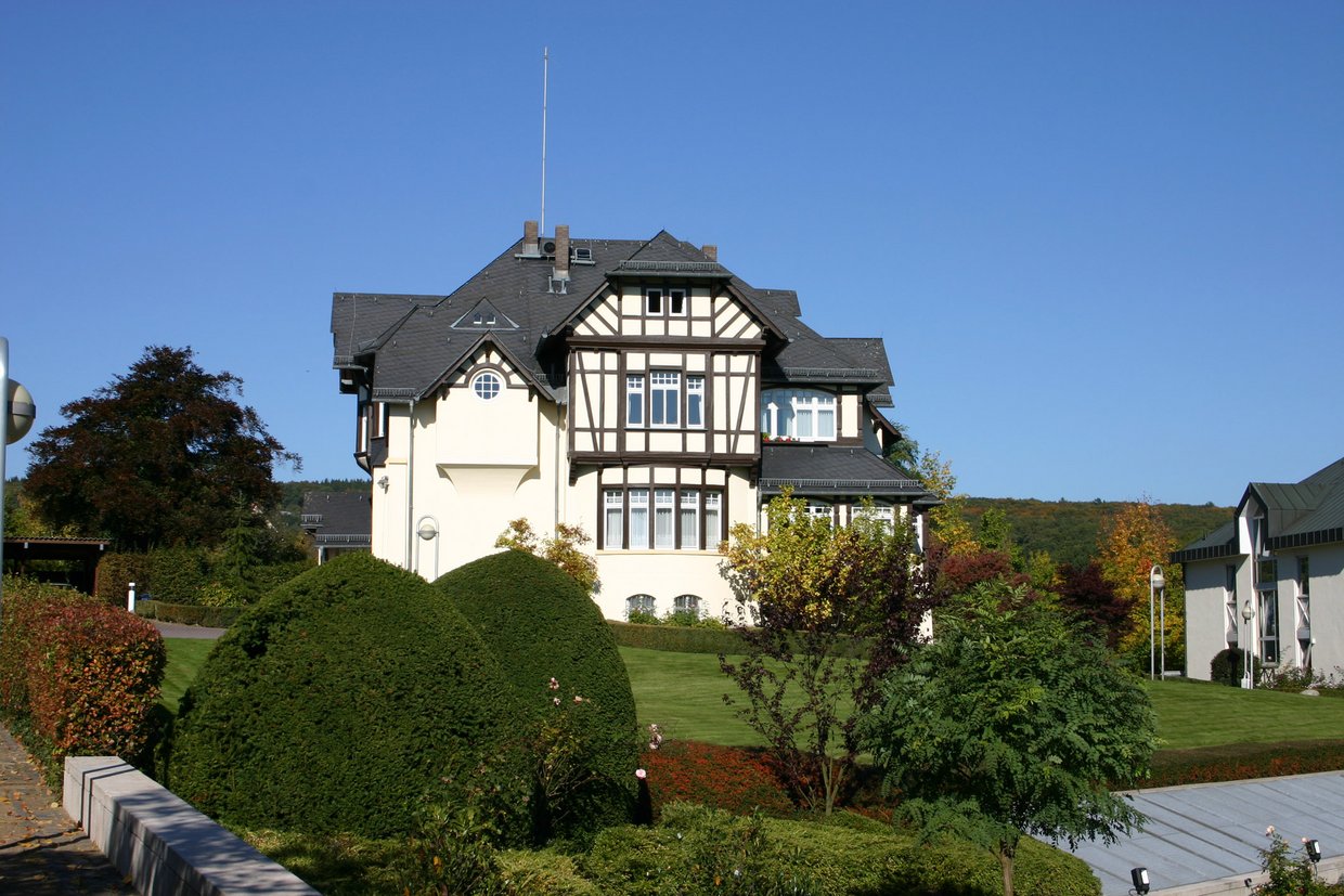 Auf der Darstellung ist die Villa des Nudelfabrikanten Theodor Haller, eingebettet in einen Park, zu sehen.