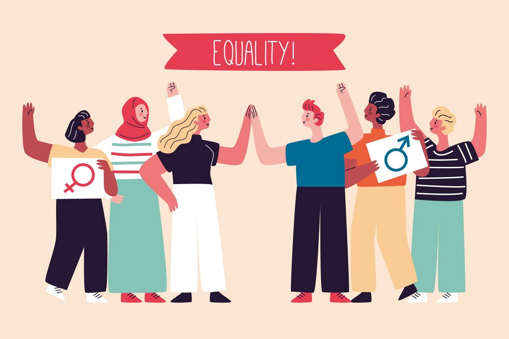 Das Bild zeigt eine Zeichnung von Frauen und Männern mit dem Wort „Equality!“ als Überschrift
