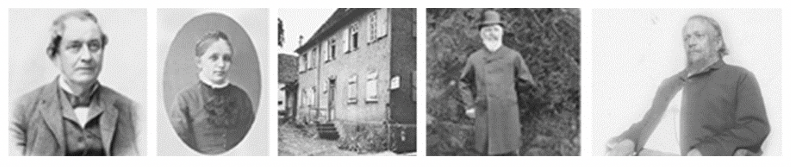 Auf der Darstellung sind verschiedene Fotografien von Ludwig Fuchs und dem Wohnhaus der Familie Fuchs und späteren Praxis zu sehen.