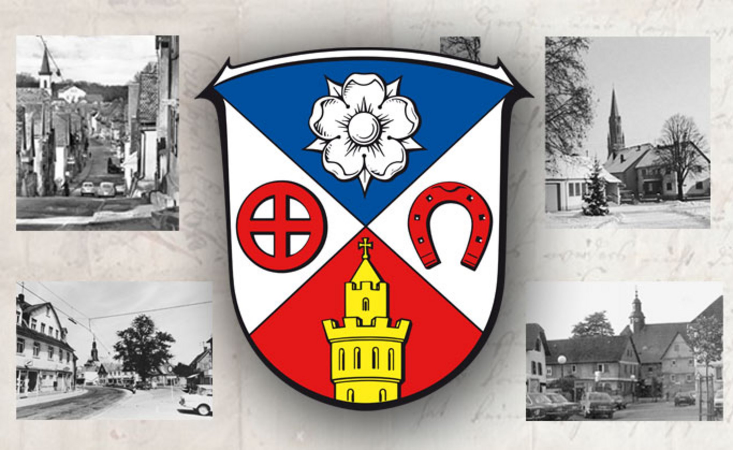 Wappen Gesamtstadt Friedrichsdorf Das Bild zeigt das Wappen der Gesamtstadt Friedrichsdorf mit vier Bildern aus den Stadtteilen um 1970