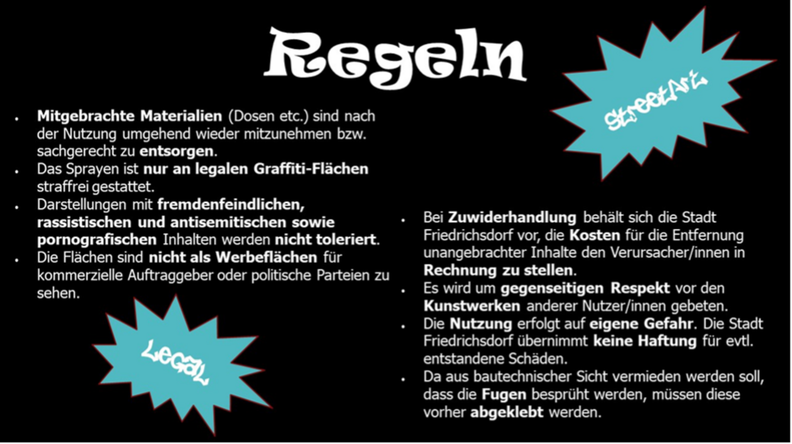 Die Regeln für das legale Graffiti sind grafisch aufbereitet zu sehen.