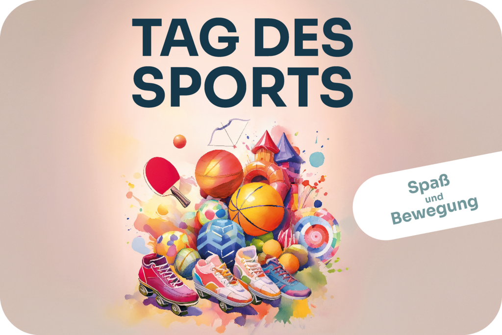 Visual Tag des Sports 2025 mit Bällen, Sportschuhen, Schlägern und anderen Sportgeräten