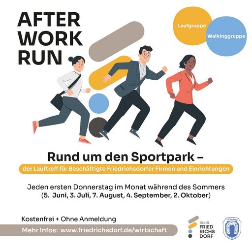 Veranstaltungsplakat zeigt laufende Personen in Business Dresses, die Logos der Stadt Friedrichsdorf und des TV Seulberg und fasst die Informationen zum Lauftreff zusammen.
