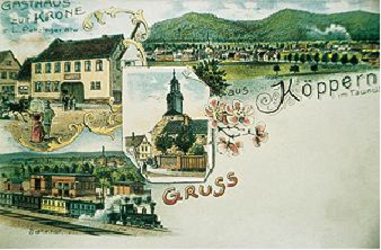 Das Bild zeigt eine historische Postkarte mit Impressionen aus Köppern.