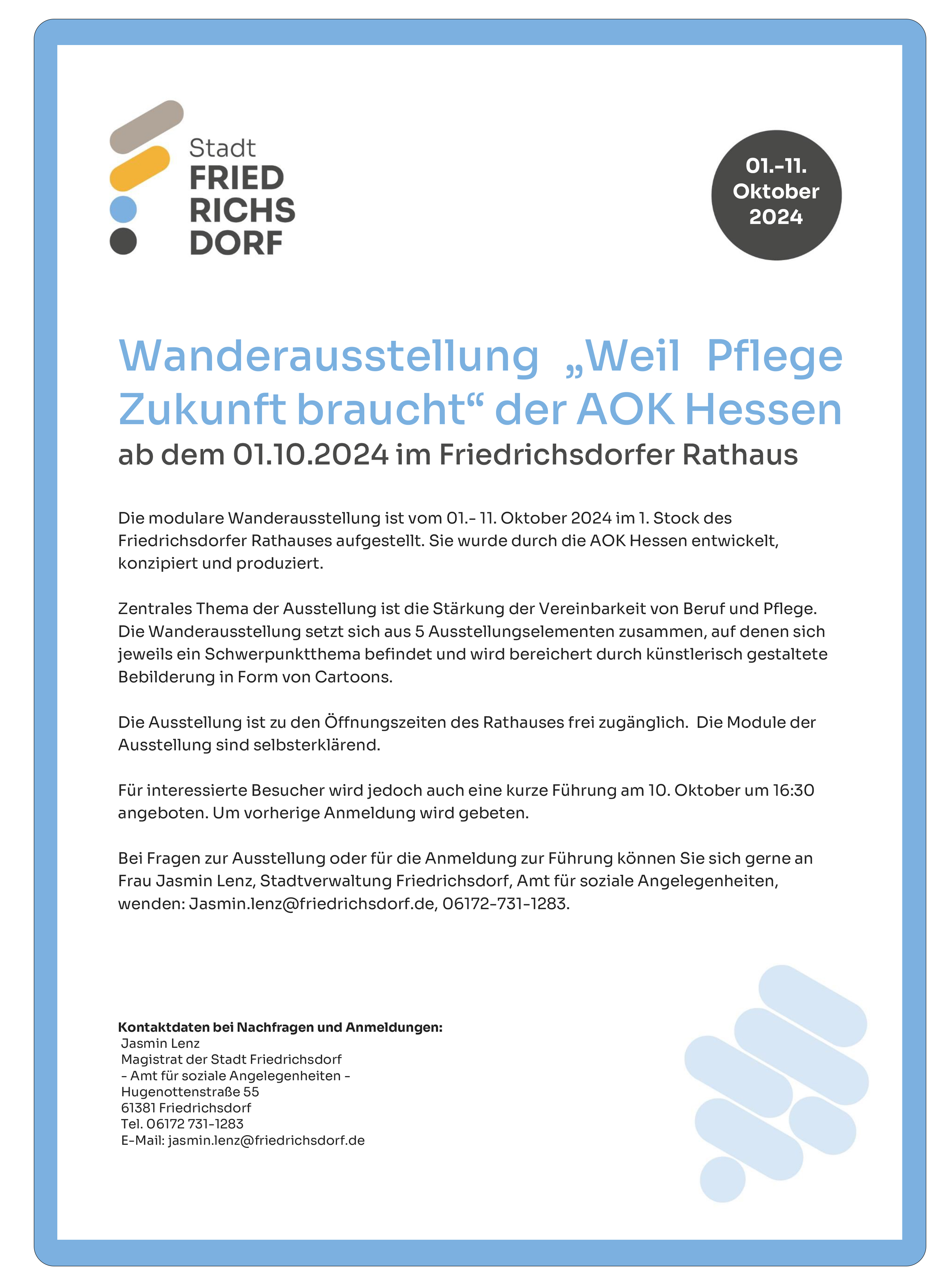 Wanderausstellung - Weil Pflege Zukunft braucht vom 01.-11.10.2024