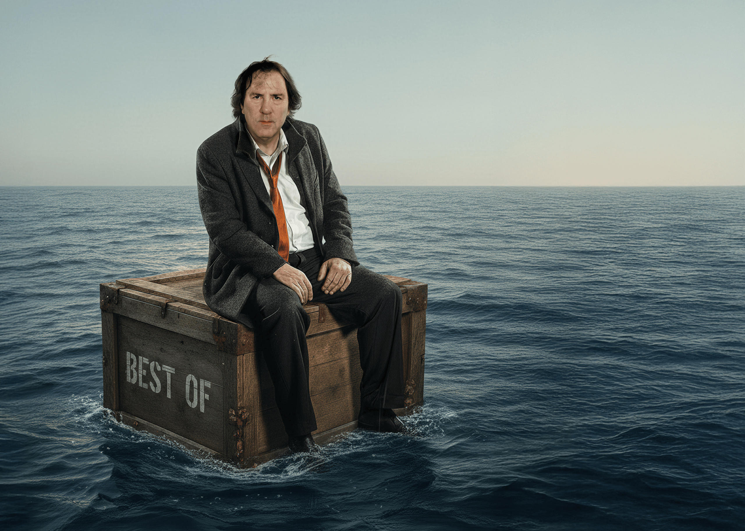 Auf dem Bild ist Kabarettist Stefan Waghubinger auf der Kiste sitzend und im Meer treibend zu sehen.