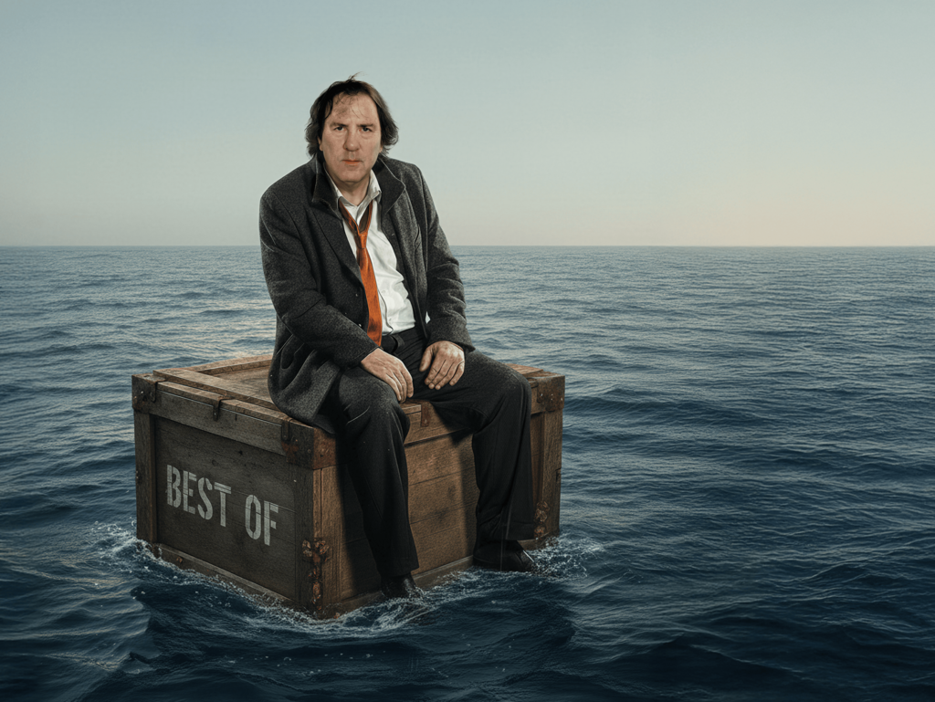 Auf dem Bild ist Kabarettist Stefan Waghubinger auf der Kiste sitzend und im Meer treibend zu sehen.