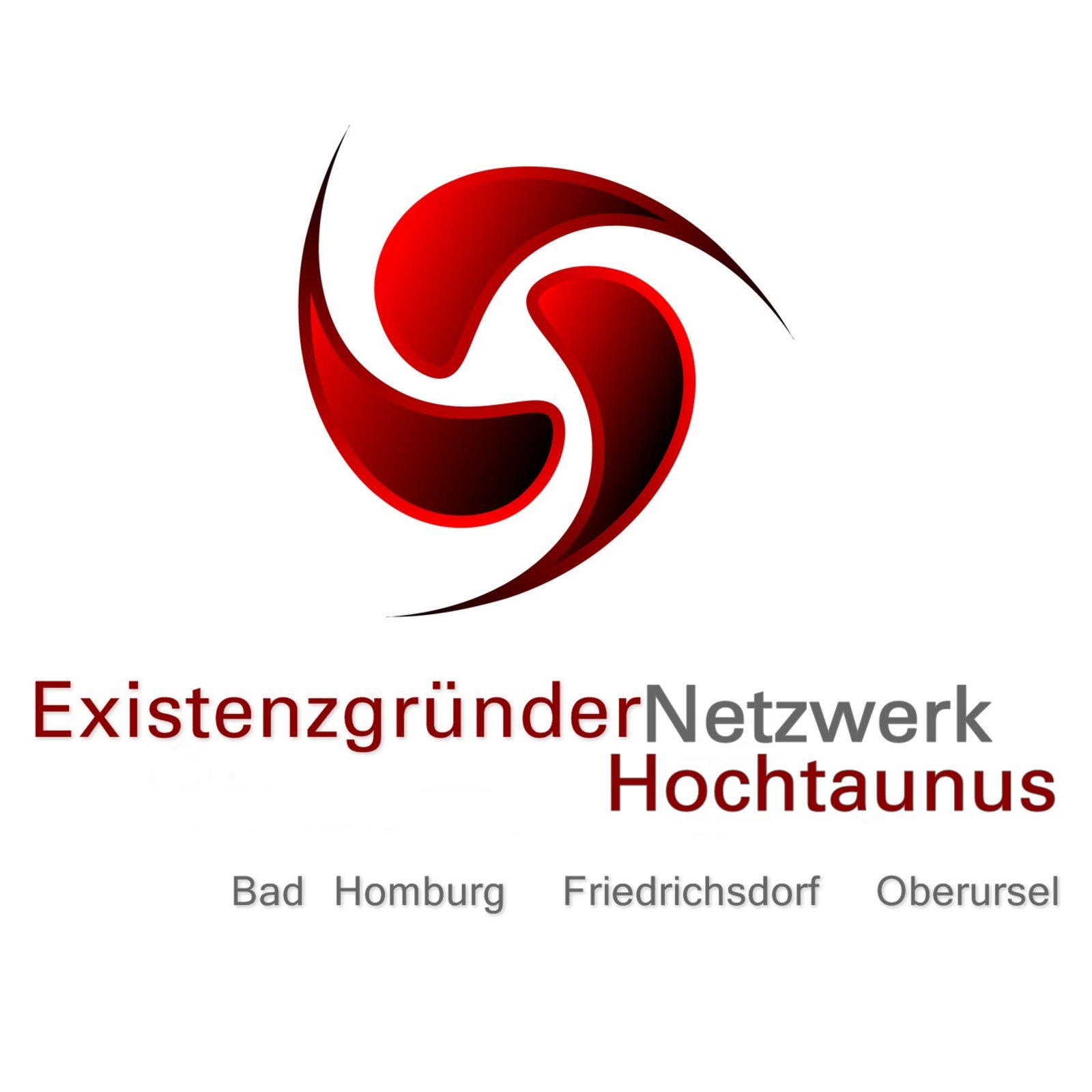 Logo Existenzgründernetzwerk Hochtaunus Abgebildet ist eine dynamische abstrakte Form, worunter der Text „Existenzgründernetzwerk Hochtaunus“ Bad Homburg Friedrichsdorf Oberursel platziert ist.