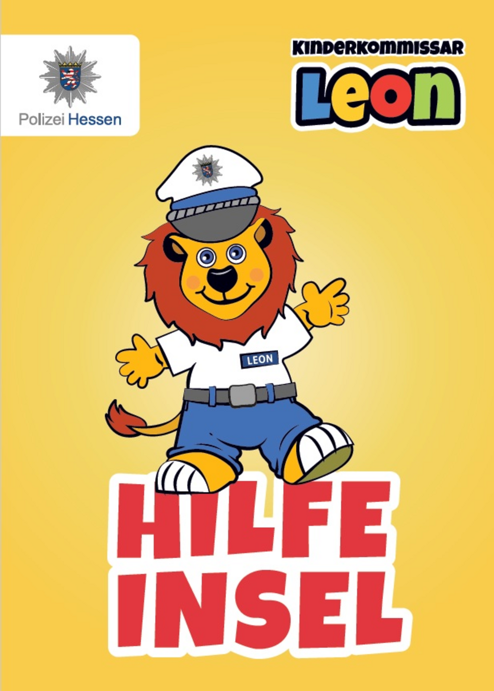 Zu sehen ist ein Comic-Löwe in Polizeiuniform, Kinderkommissar Leon.