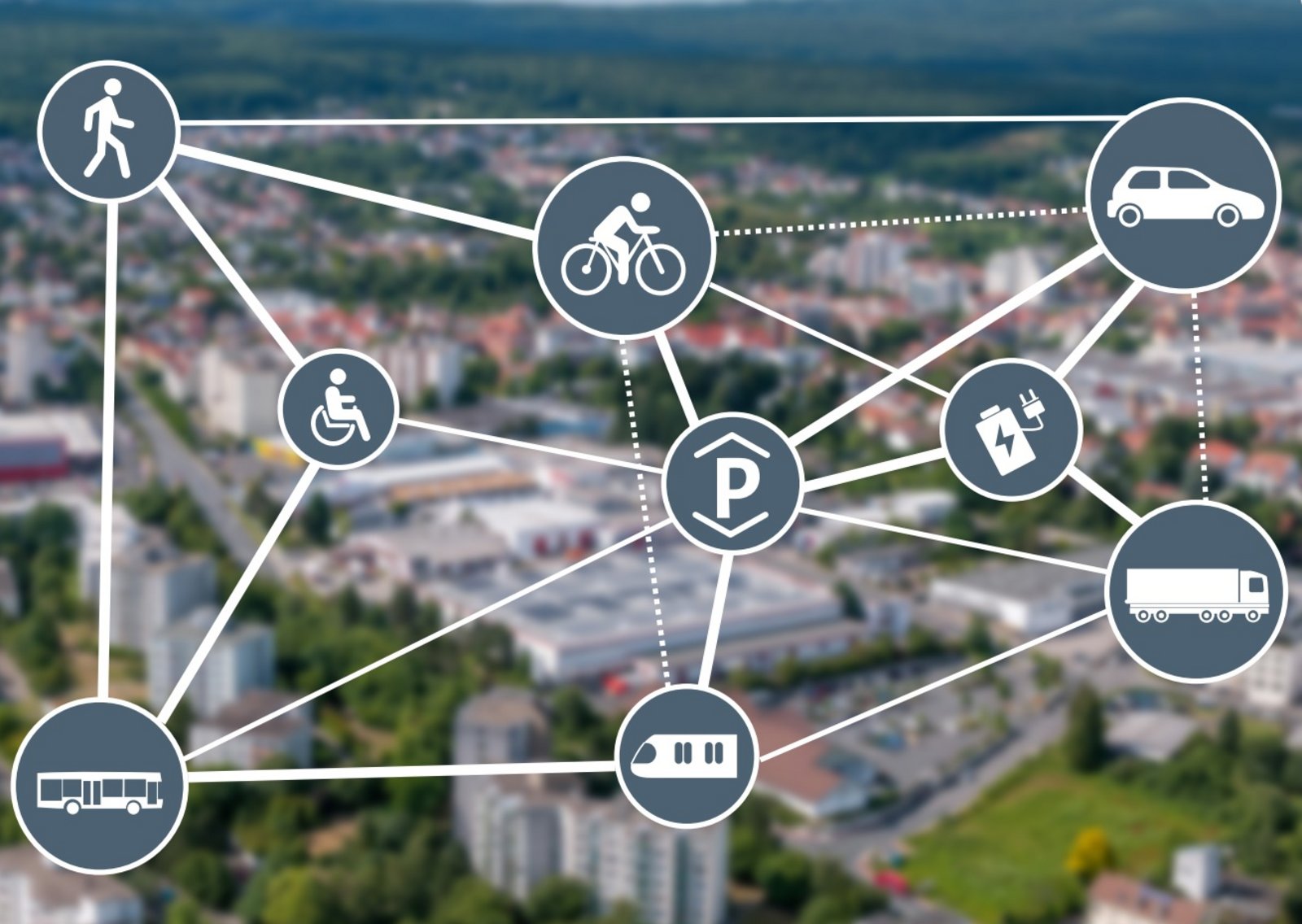 Das Bild zeigt alle miteinander vernetzten Bereiche von Mobilität, im Hintergrund ist eine unscharfe Luftaufnahme von Friedrichsdorf zu sehen.