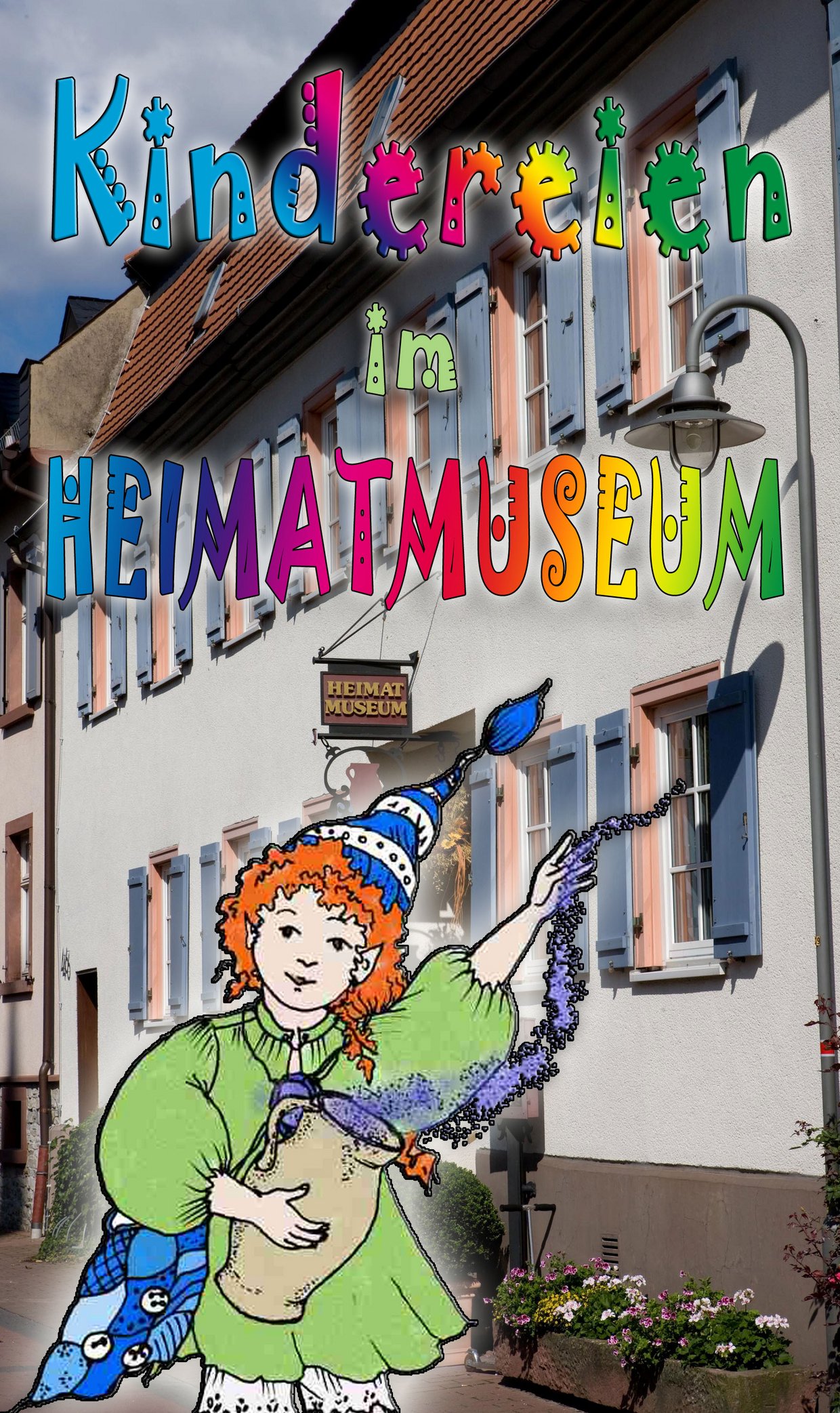 Sulinchens Kindereien Das Koboldmädchen Sulinchen ist als illustrierte Figur vor dem Heimatmuseum Seulberg zu sehen. In bunter, verschnörkelter Schrift ist "Kindereien im Heimatmuseum" zu lesen