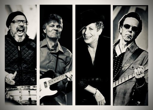 Auf dem Bild sind die vier Musiker von Kat Baloun & The Frostbites in einer Schwarzweiß-Collage zu sehen.