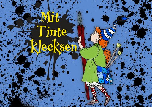 Ein farbenfrohes, künstlerisches Plakat mit schwarzen Klecksen auf blauen Hintergrund. Im Zentrum steht eine illustrierte Figur, Sulinchen, das Koboldmädchen aus dem Heimatmuseum Seulberg. Die Figur trägt ein grünes Kleid, eine weiße Rüschenhose, rote und weiße gestreifte Strümpfe sowie eine blauweiße Zipfelmütze. In den Händen hält sie einen großen Füller. Über der Figur steht in großen, gelben Buchstaben der Text: „Mit Tinte klecksen“.