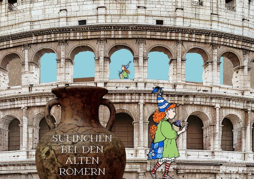 Eine collagierte Szene zeigt das Kolosseum in Rom als Hintergrund. Im Vordergrund steht eine große antike Vase aus Ton. Auf der Amphore steht in weißer Schrift ‚Sulinchen bei den alten Römern‘. Daneben ist eine gezeichnete Figur mit roten Haaren, einem grünen Kleid, gestreiften Strümpfen und einer blauen Zipfelmütze zu sehen: Sulinchen der Museumskobold.