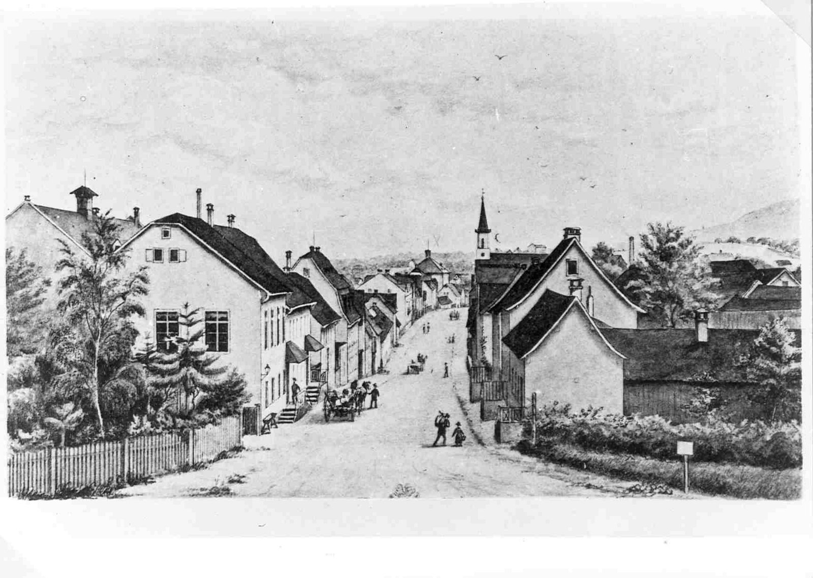 Das Bild zeigt einen historischen Blick in die Hugenottenstraße aus der heutigen Färberstraße