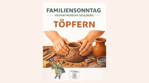 Plakat-Illustration zum Familiensonntag „Töpfern“ im Heimatmuseum Seulberg mit Töpferszene und der Figur Sulinchen.