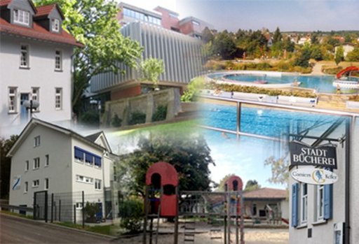 Es werden das Rathaus, das Freibad, die Stadtbücherei, ein Kindergarten, das Standesamt und die Stadtwerke gezeigt.